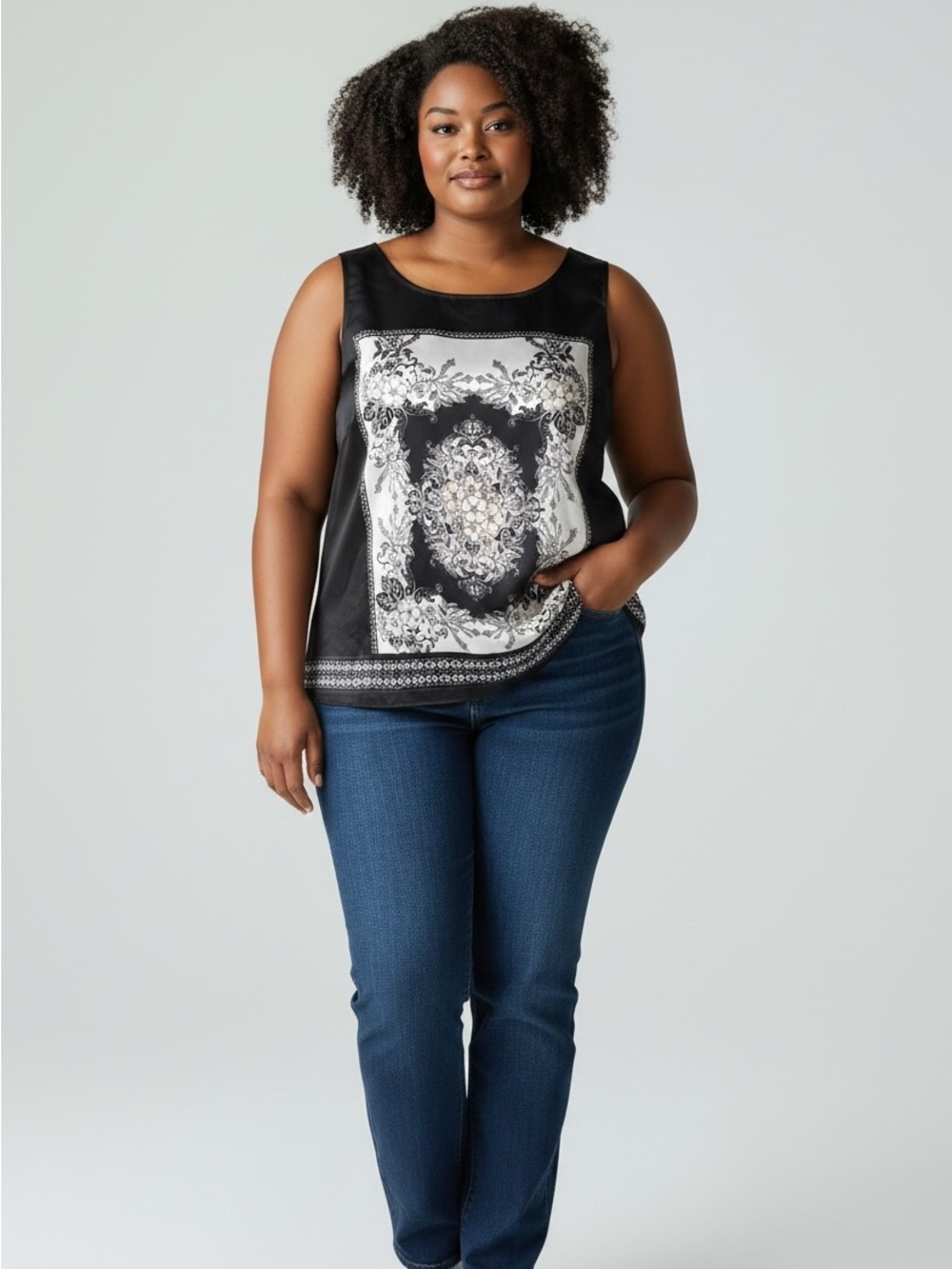 212 Collection Black and White Floral Medallion Tank